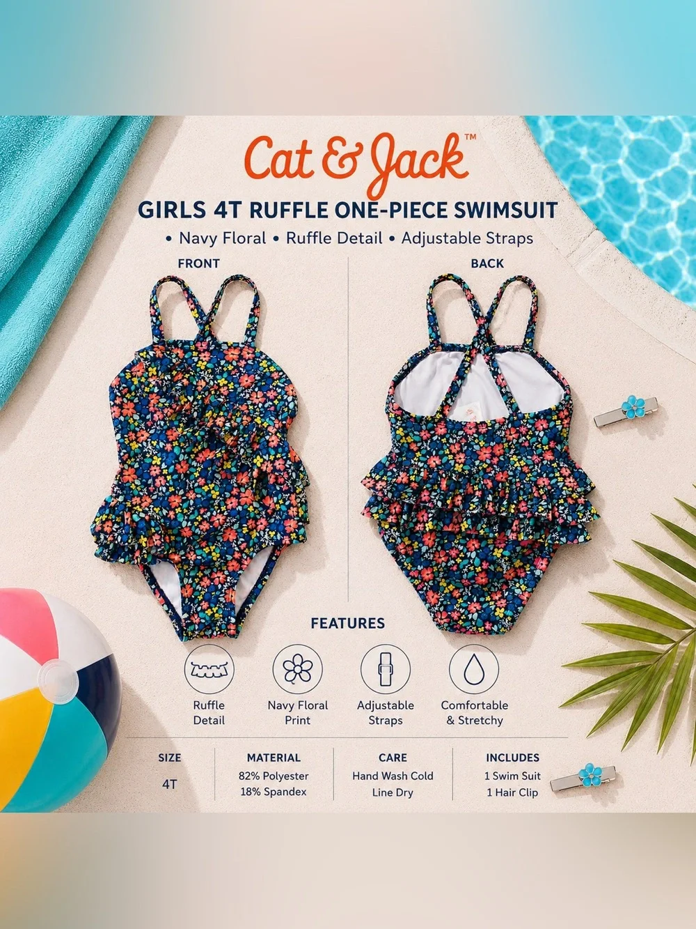 Cat & Jack 4T Navy Floral Ruffle Swimsuit Set + Matching Flower Hair Clip